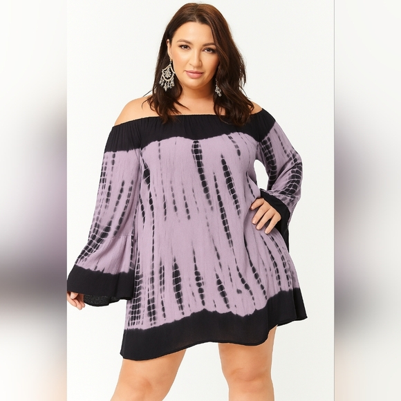 Forever 21 Black Lavender Gauze Tie Dye Long Sleeve Off Shoulder Dress 2X Flowy - Picture 1 of 9